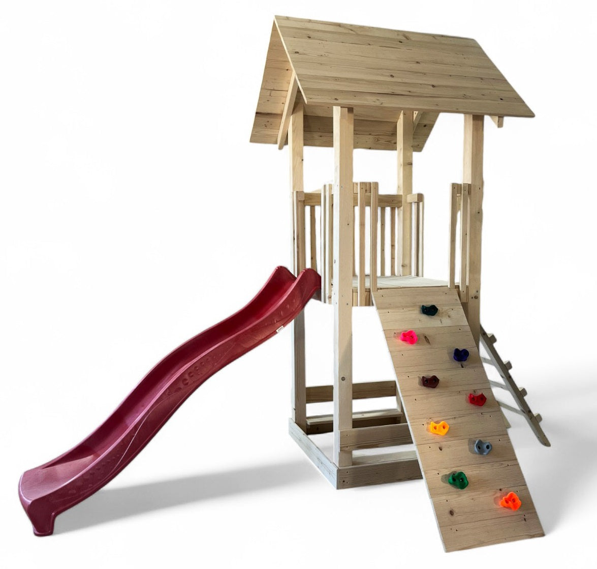 Complex de joaca copii, Tobogan,casuta lemn ,leagan, placa de catarare + lada de nisip, conectori metalici, PREMIUM