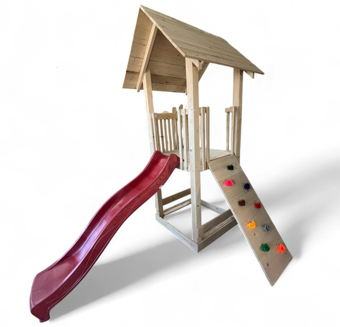 Casuta de lemn gradina pt copii cu tobogan, placa de catarare, lada de nisip, bancute,complex joaca, grinzi 10x10cm