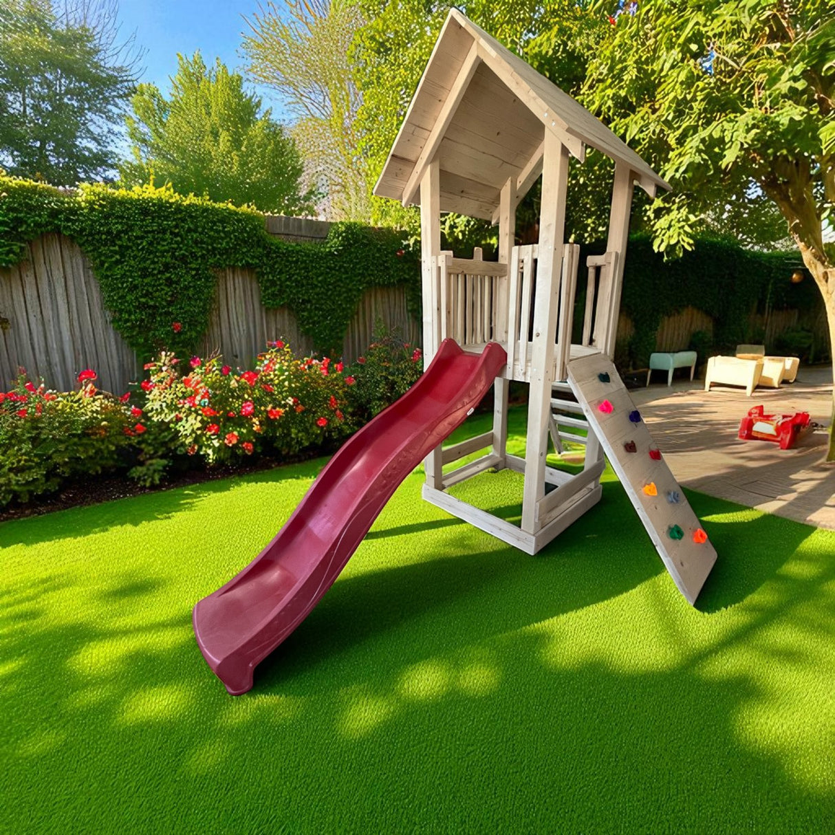 Casuta de lemn gradina pt copii cu tobogan, placa de catarare, lada de nisip, bancute,complex joaca, grinzi 10x10cm