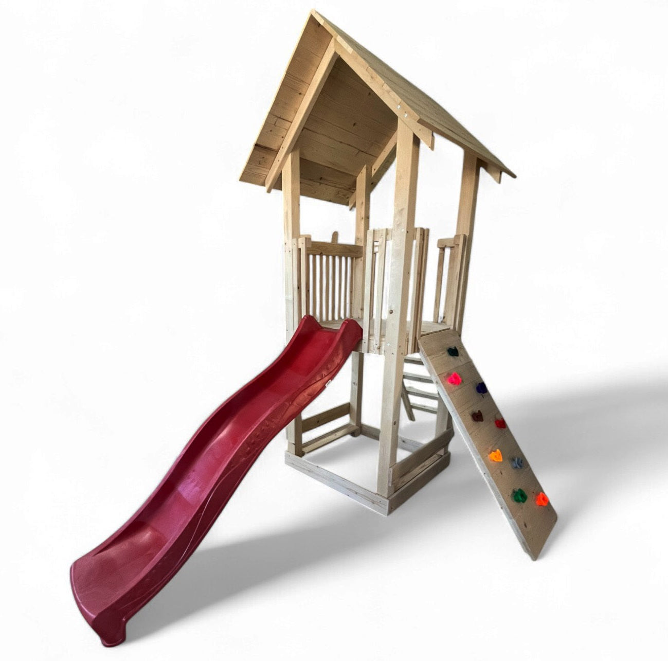 Casuta de lemn gradina pt copii cu tobogan, placa de catarare, lada de nisip, bancute,complex joaca, grinzi 10x10cm