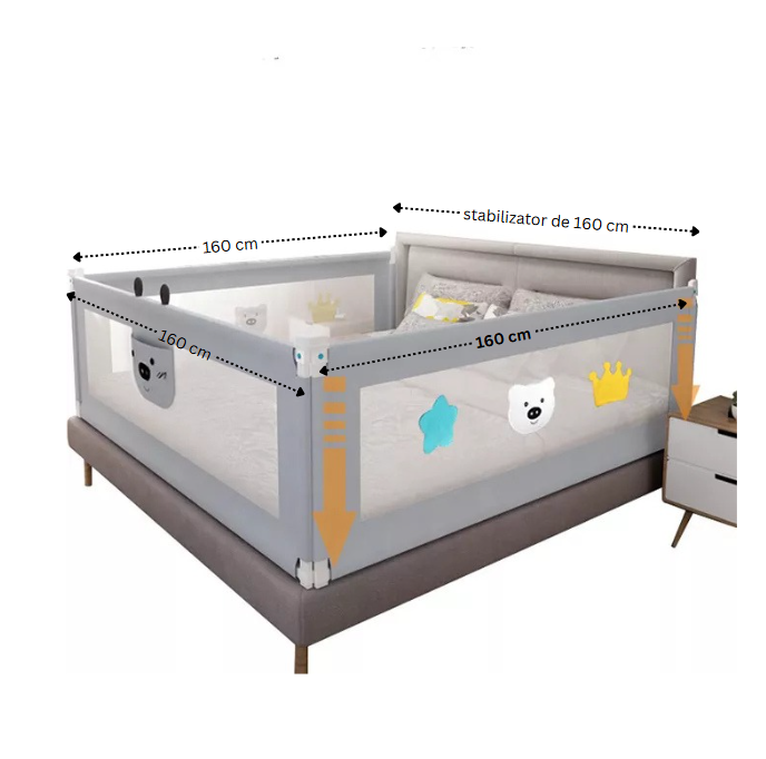 Set 3 bariere protectie culisante + STABILIZATOR pentru pat, inaltime reglabila 68-98 cm, 160 cm 180 cm 200 cm