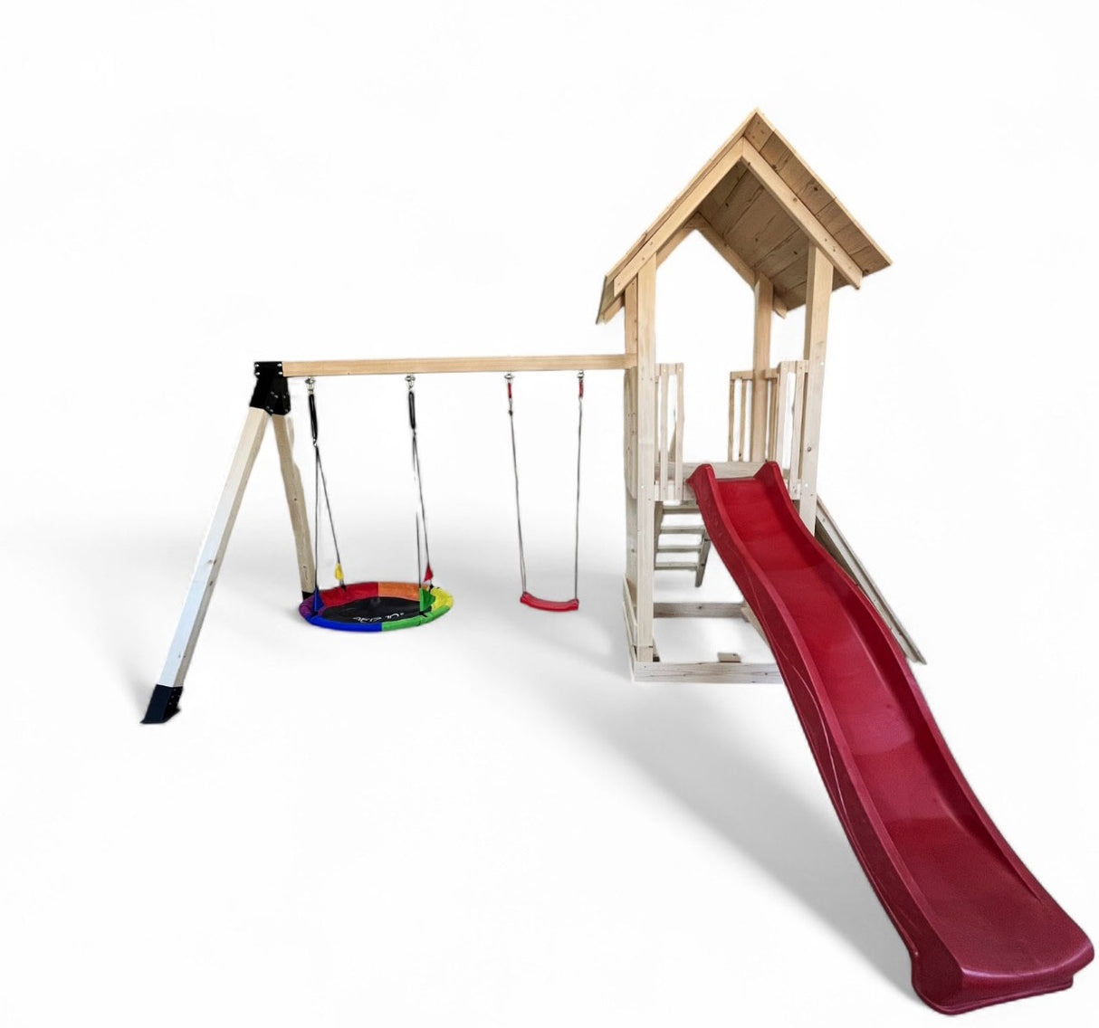 Complex de joaca copii, Tobogan,casuta lemn ,leagan, placa de catarare + lada de nisip, conectori metalici, PREMIUM