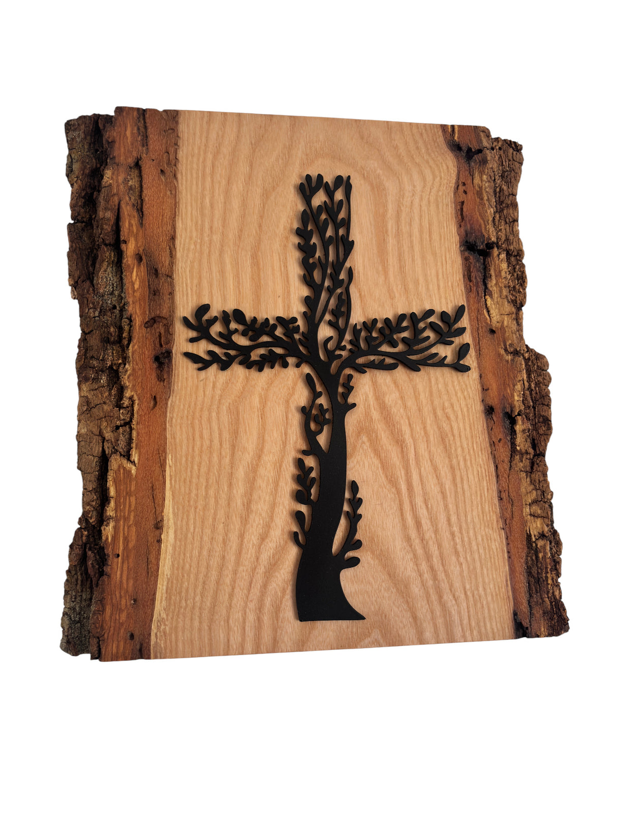 Icoana perete Cruce de perete decoratiune din metal negru pe lemn de frasin cu coarjă – decor unic, lucrat manual 30x28 cm