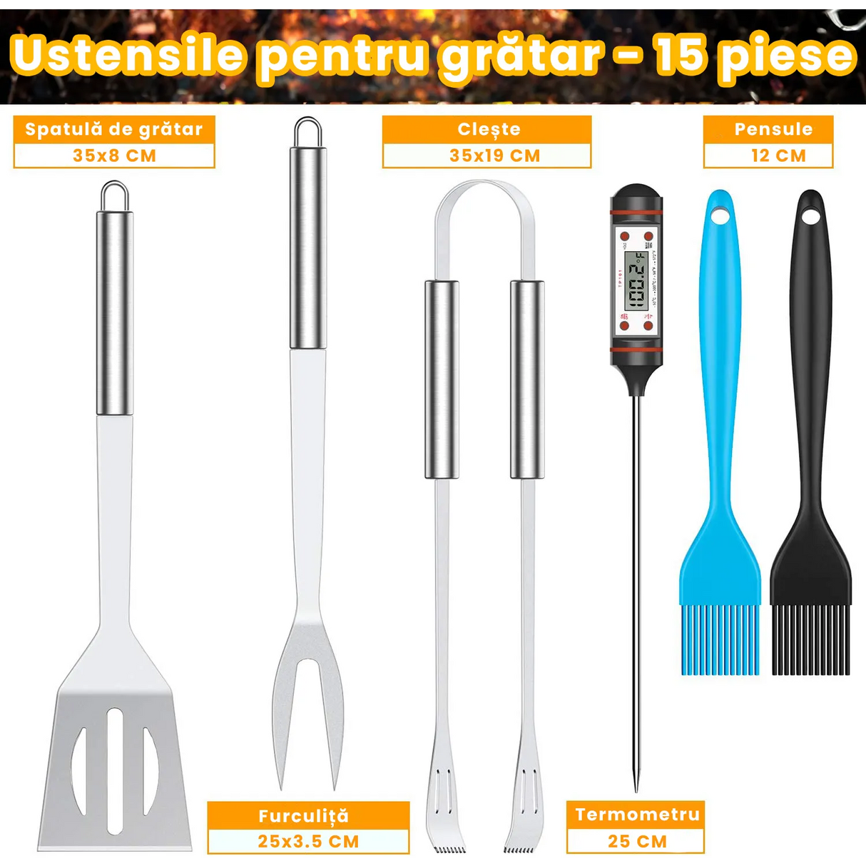 Set accesorii ustensile gratar geanta Frigorifica si Husa de Transport, cleste, termometru, paleta,otel inoxidabil, 15 accesorii