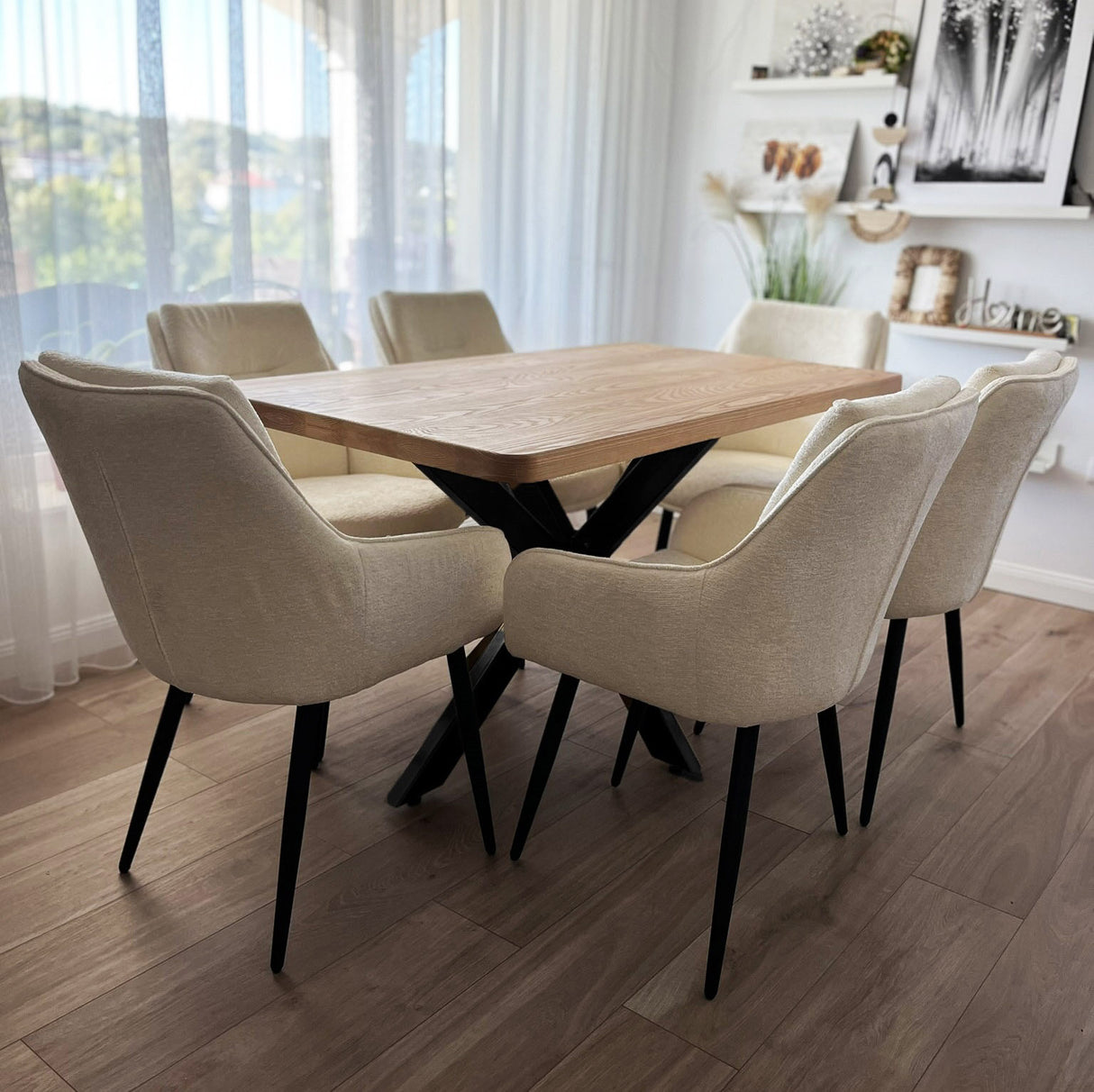 Set masa cu scaune bucatarie, dining, living, sufragerie, blat din lemn masiv cu picioare metalice, scaune husa plus crem, 6 persoane, Anisia