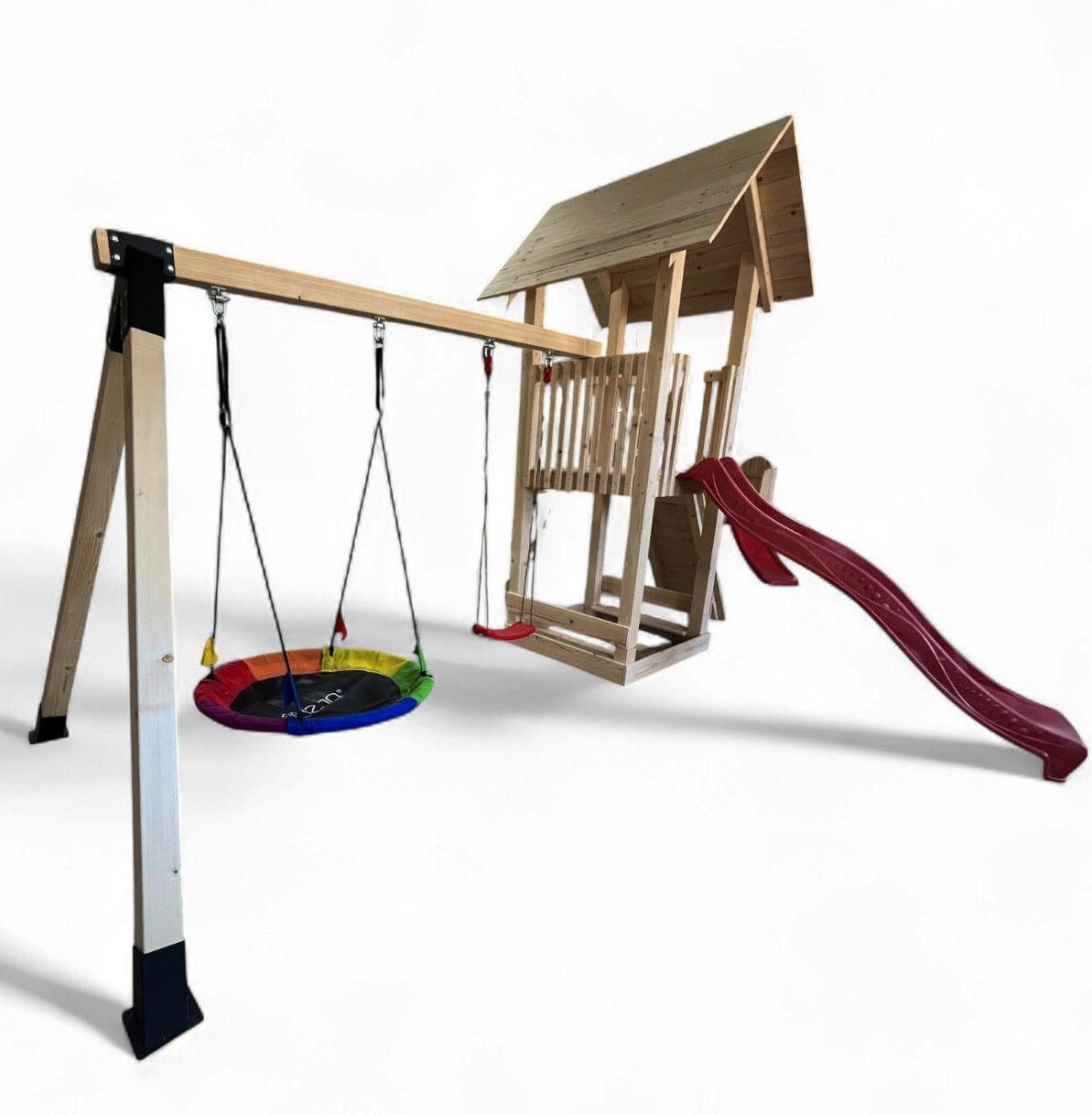 Complex de joaca copii, Tobogan,casuta lemn ,leagan, placa de catarare + lada de nisip, conectori metalici, PREMIUM