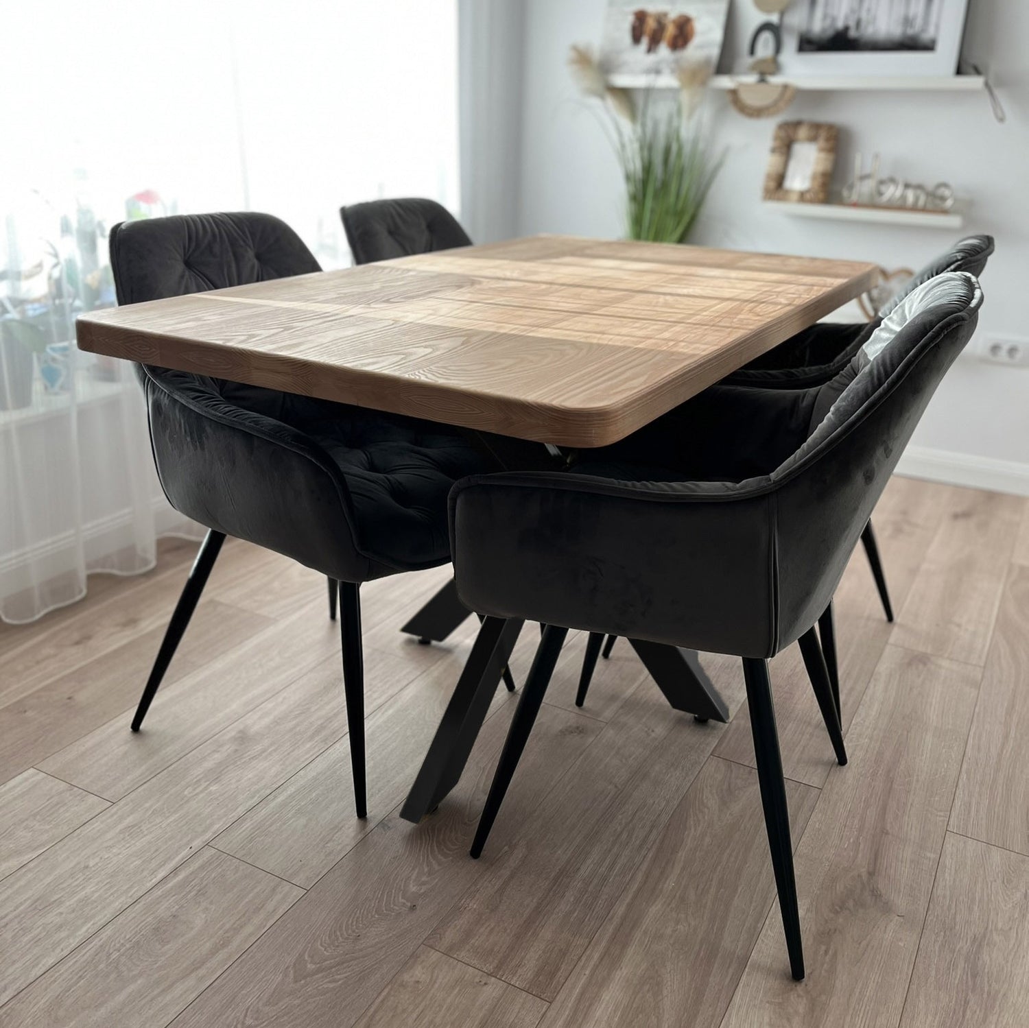 Set masa cu scaune bucatarie, dining,living, sufragerie, blat din lemn masiv cu picioare metalice, scaune husa gri, 4-6 persoane, Olivia