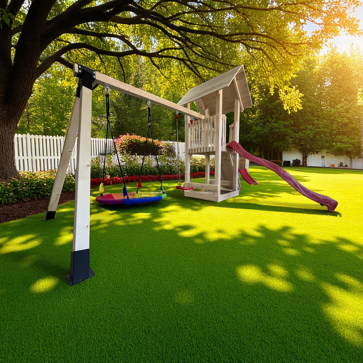 Complex de joaca copii, Tobogan,casuta lemn ,leagan, placa de catarare + lada de nisip, conectori metalici, PREMIUM