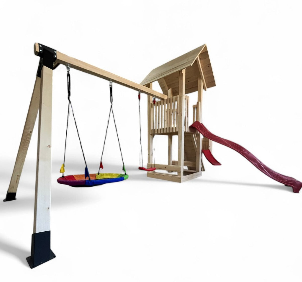 Complex de joaca copii, Tobogan,casuta lemn ,leagan, placa de catarare + lada de nisip, conectori metalici, PREMIUM