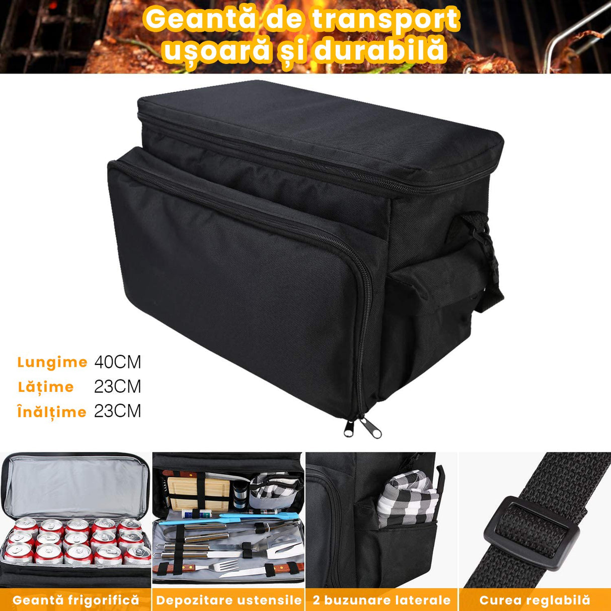 Set accesorii ustensile gratar geanta Frigorifica si Husa de Transport, cleste, termometru, paleta,otel inoxidabil, 15 accesorii