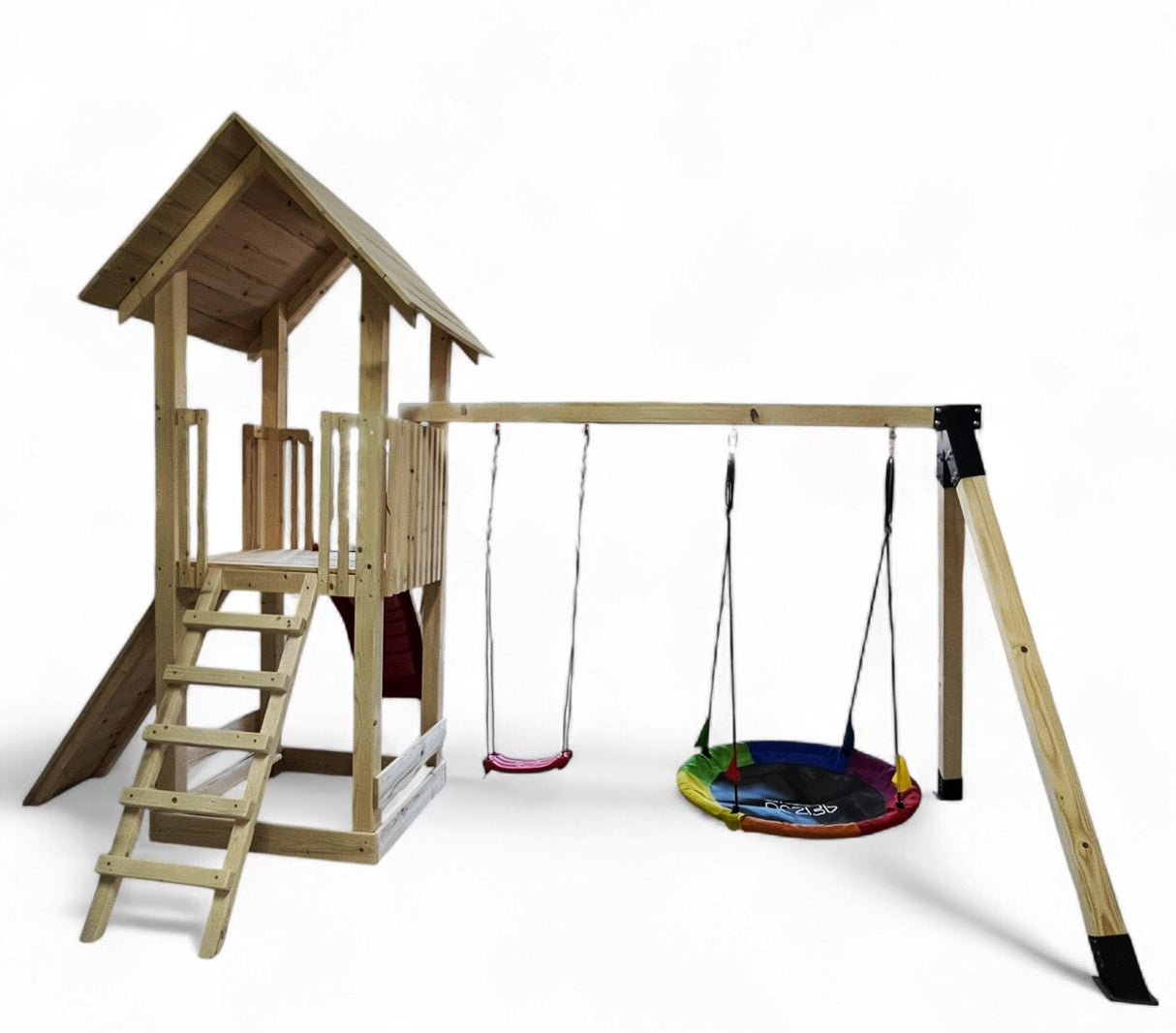 Complex de joaca copii, Tobogan,casuta lemn ,leagan, placa de catarare + lada de nisip, conectori metalici, PREMIUM