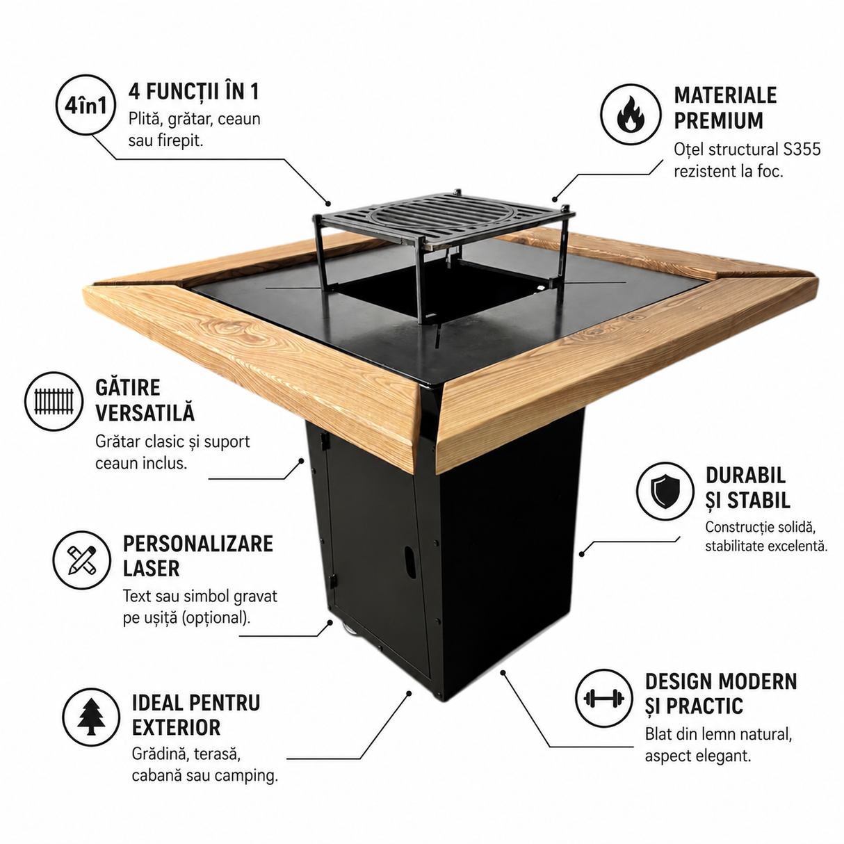 Gratar de gradina 75x75 cm fire pit cu Plita 6, 8 sau 10 mm Otel dur