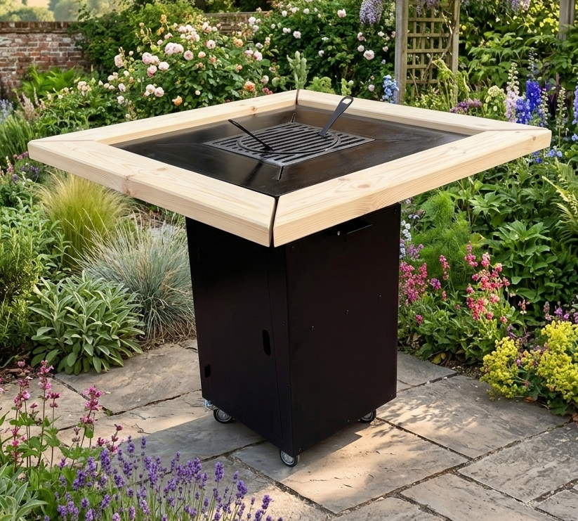 Gratar de gradina 4 in 1 | 107x107cm | fire pit|Plita 10|8 mm|Blat din Lemn|Suport Ceaun/Disc blat lemn| reglare tiraj tavita cenusa