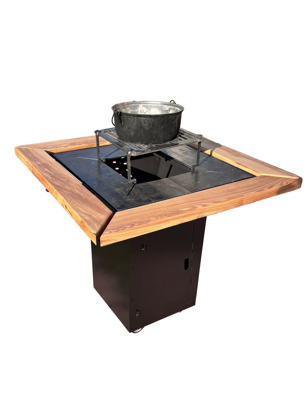 Gratar de gradina Demontabil, 5 in 1 ,fire pit cu Plita 10 mm Otel 72x 72 cm ,Cu Blat din Lemn,Suport Ceaun/Disc ,Gratar de curte