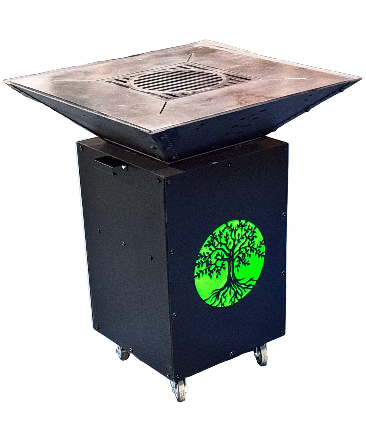 Gratar de gradina, 5 in 1 ,fire pit cu Plita 10 mm Otel , Suport Ceaun/Disc , Gratar de curte , Personalizabil , Copacul Vietii