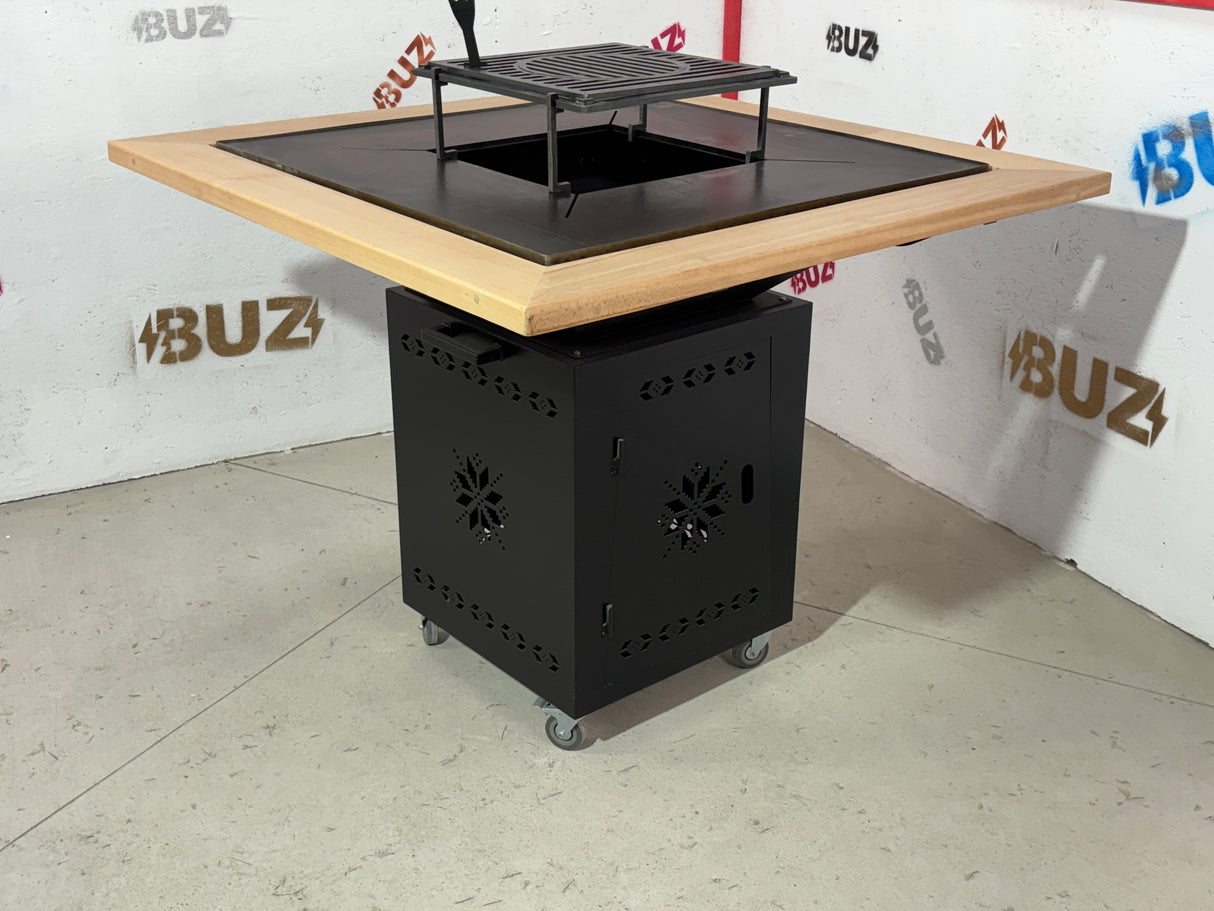 Fire Pit, Gratar cu plita 95x 95 cm din otel 10 mm pe lemne, pentru gradina sau terasa+ grill detasabil