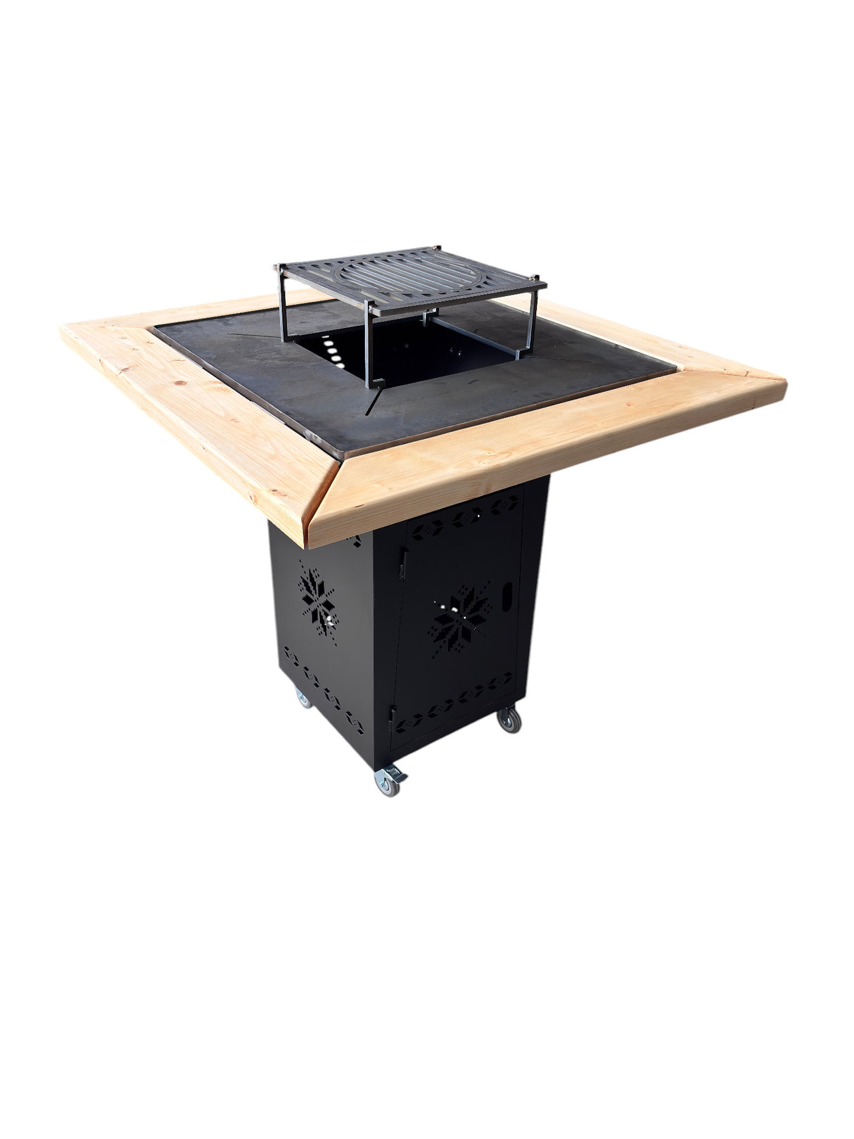 Gratar Gradina cu plita 10 mm Fire Pit 75x75 cm din fier pe lemne, pentru terasa CU BLAT DE LEMN SI MOTIVE TRADITIONALE