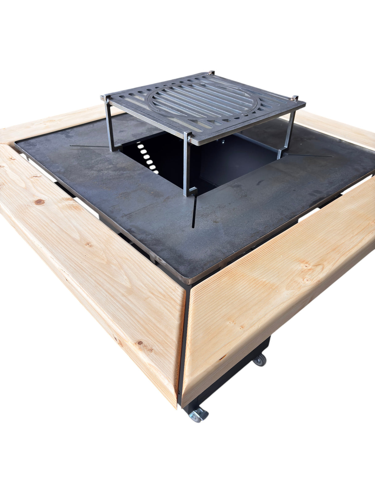 Gratar Gradina cu plita 10 mm Fire Pit 75x75 cm din fier pe lemne, pentru terasa CU BLAT DE LEMN SI MOTIVE TRADITIONALE