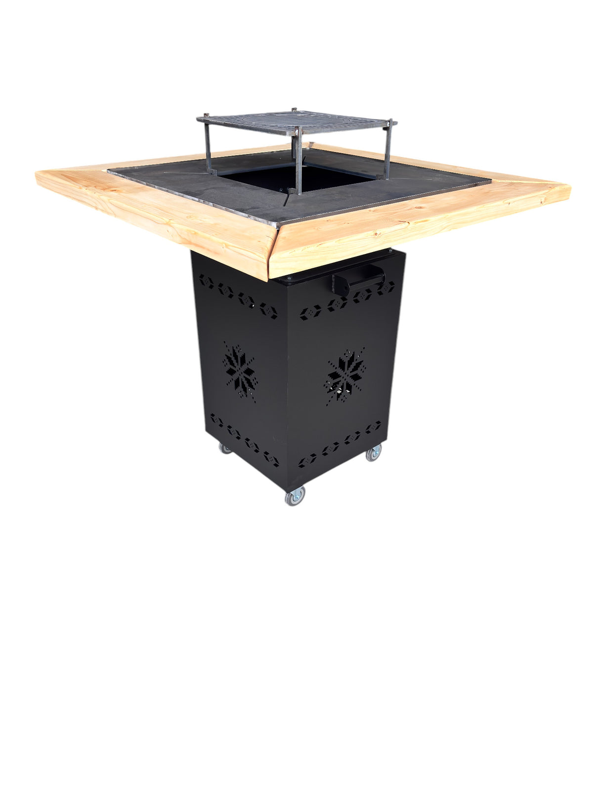 Gratar Gradina cu plita 10 mm Fire Pit 75x75 cm din fier pe lemne, pentru terasa CU BLAT DE LEMN SI MOTIVE TRADITIONALE