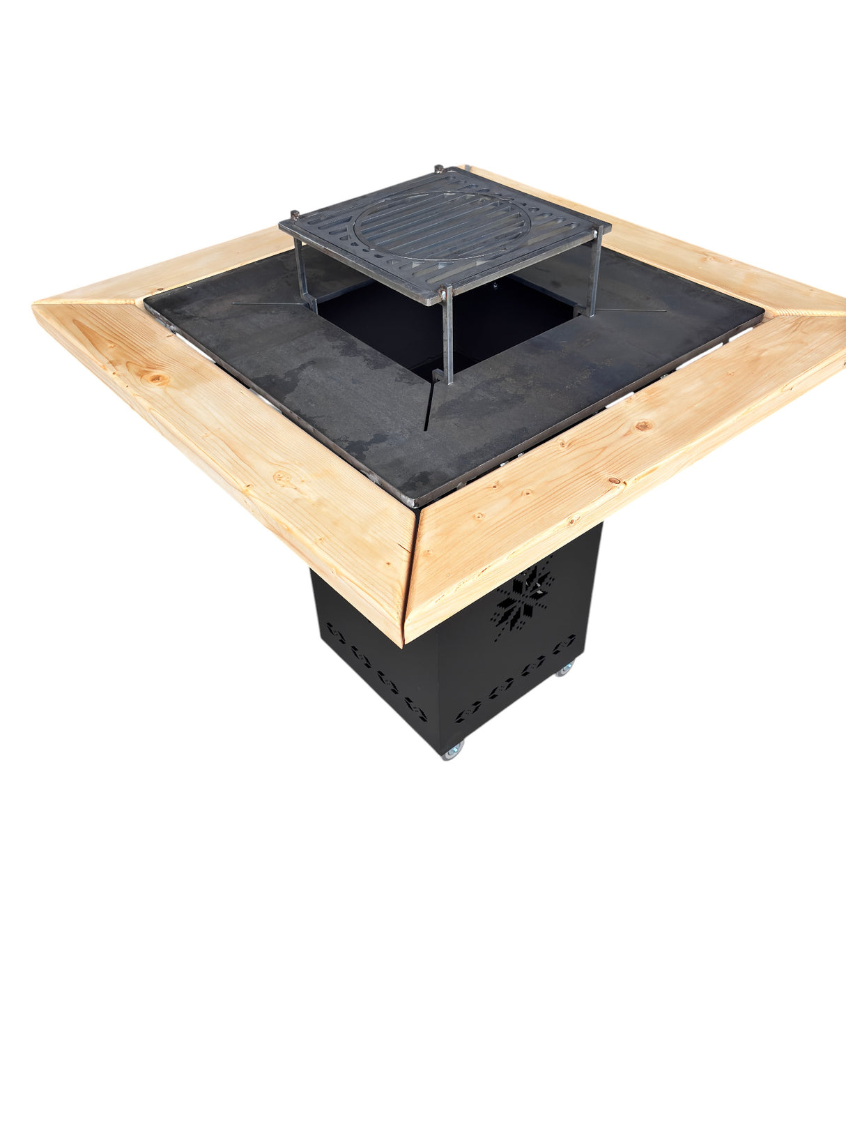 Gratar Gradina cu plita 10 mm Fire Pit 75x75 cm din fier pe lemne, pentru terasa CU BLAT DE LEMN SI MOTIVE TRADITIONALE