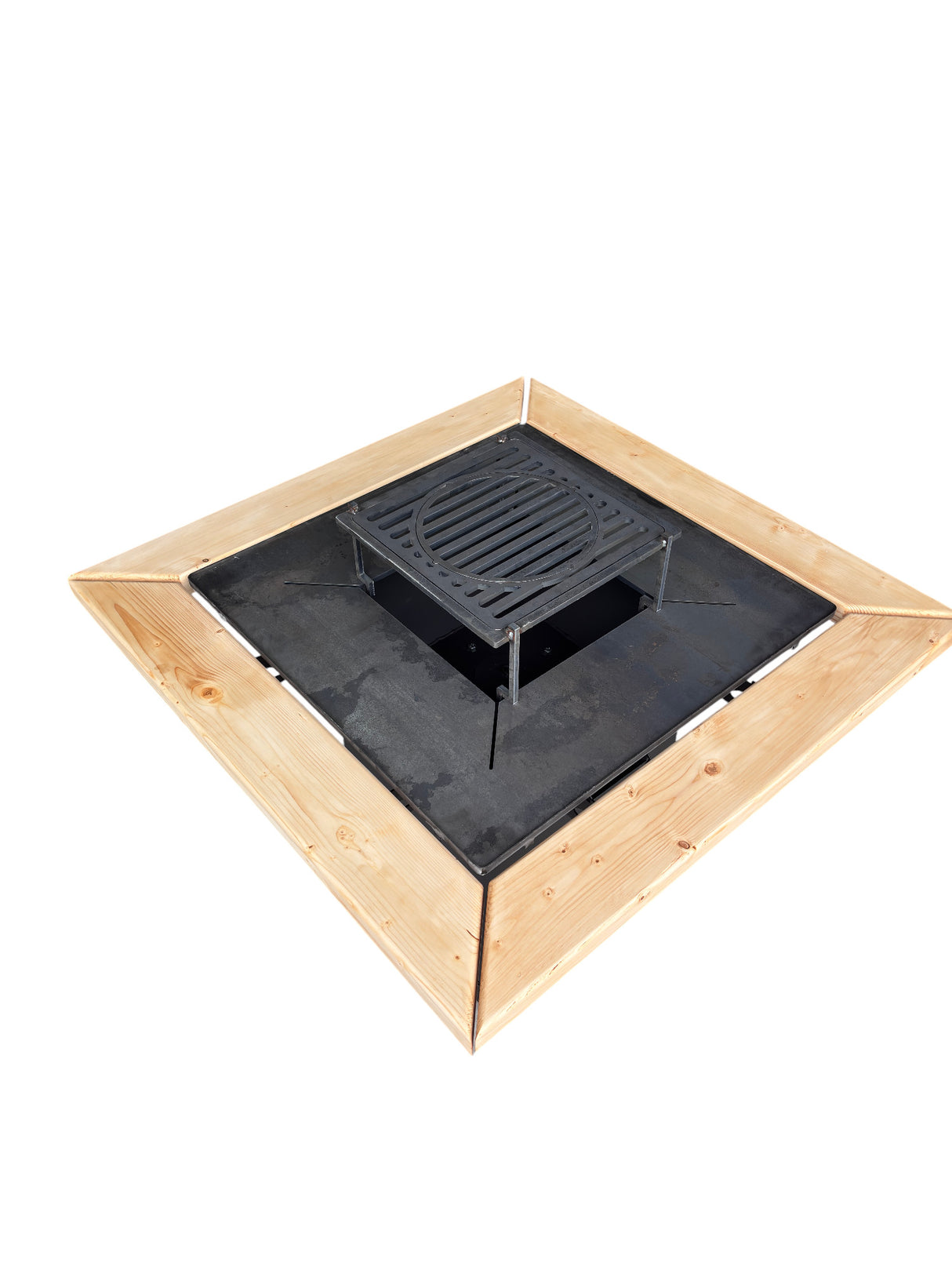 Gratar Gradina cu plita 10 mm Fire Pit 75x75 cm din fier pe lemne, pentru terasa CU BLAT DE LEMN SI MOTIVE TRADITIONALE
