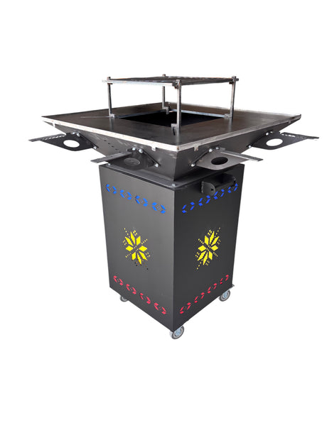 Gratar Gradina cu plita 10 mm Fire Pit 75x75 cm din fier  pe lemne, pentru terasa   CU BLAT DE LEMN SI MOTIVE TRADITIONALE