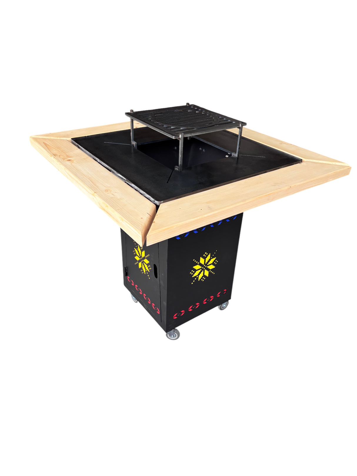 Gratar Gradina cu plita 10 mm Fire Pit 75x75 cm din fier pe lemne, pentru terasa CU BLAT DE LEMN SI MOTIVE TRADITIONALE