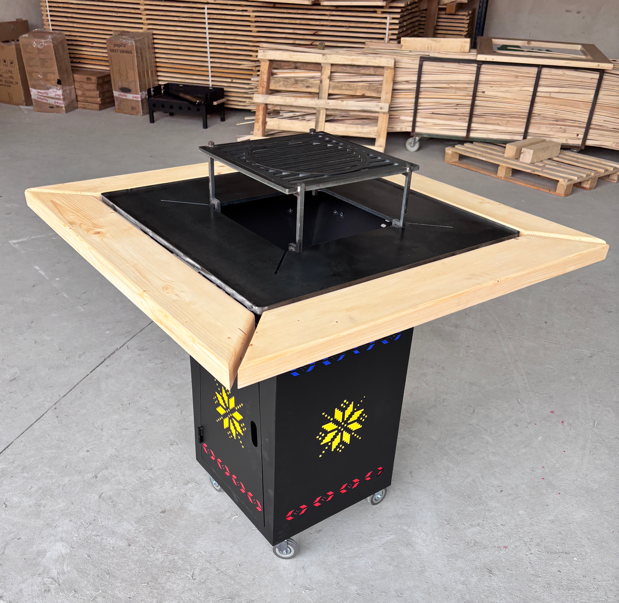 Fire Pit, Gratar cu plita 95x 95 cm din otel 10 mm pe lemne, pentru gradina sau terasa+ grill detasabil