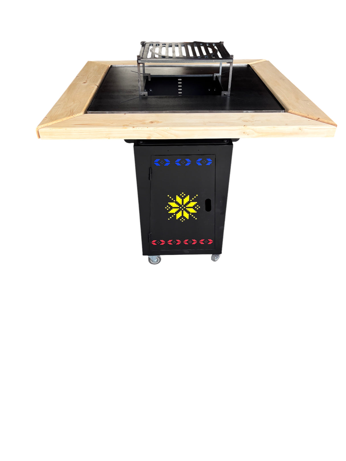 Gratar Gradina cu plita 10 mm Fire Pit 75x75 cm din fier pe lemne, pentru terasa CU BLAT DE LEMN SI MOTIVE TRADITIONALE