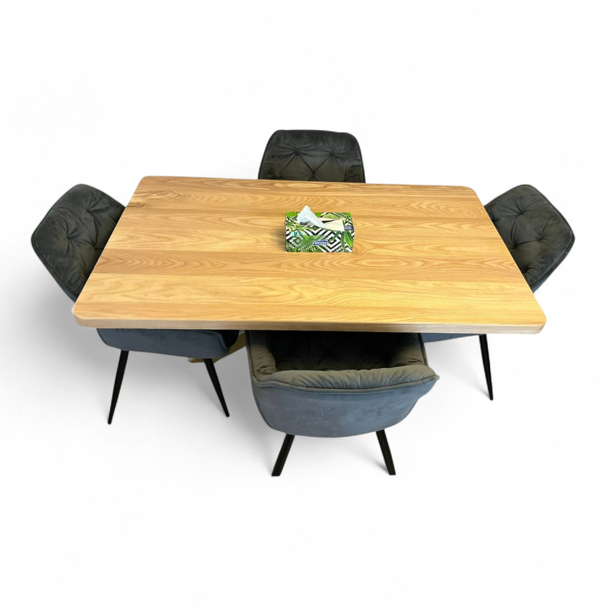 Set masa cu scaune bucatarie, dining,living, sufragerie, blat din lemn masiv cu picioare metalice, scaune husa gri, 4-6 persoane, Olivia