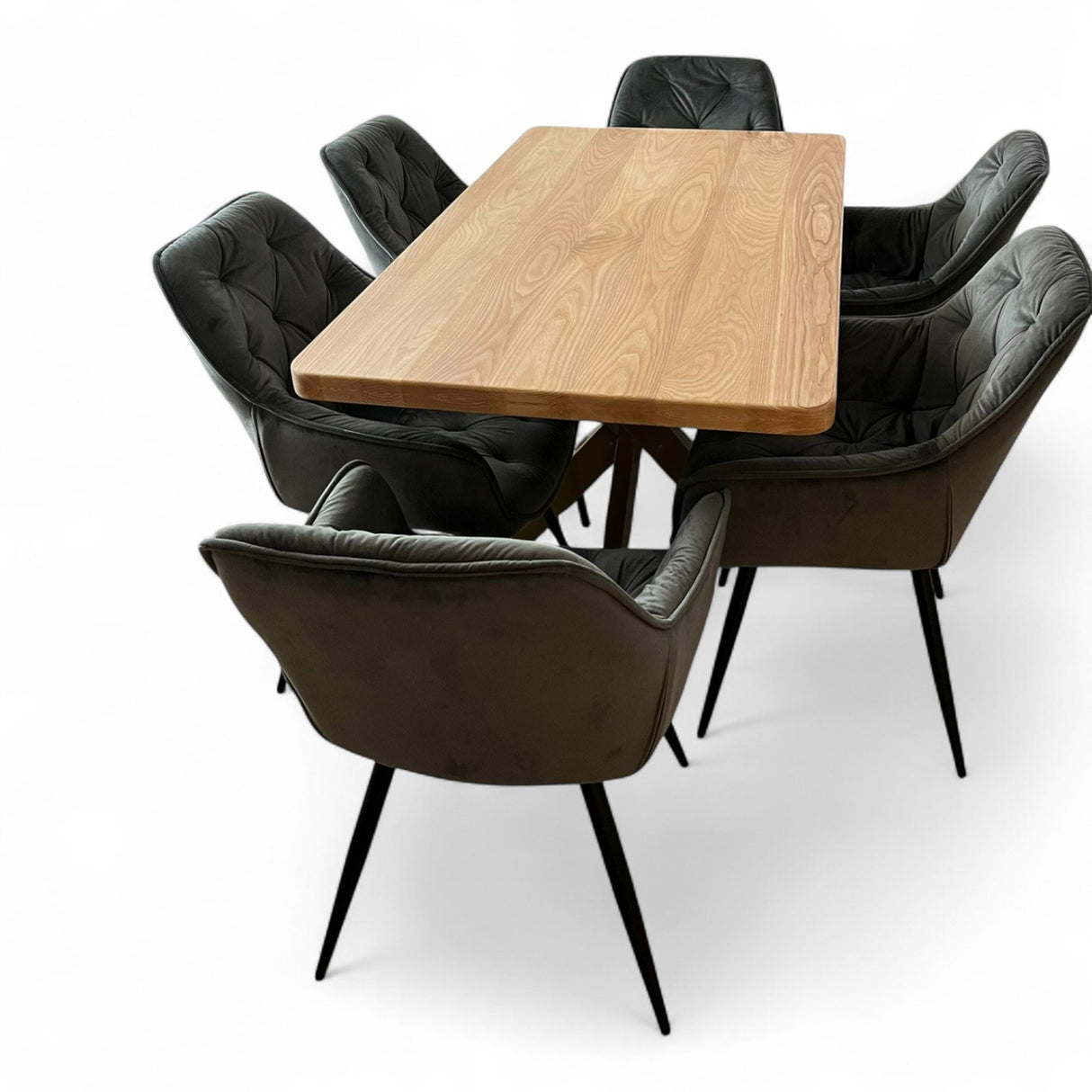 Set masa cu scaune bucatarie, dining, living, sufragerie, blat din lemn cu picioare metalice, scaune husa catifea gri, 4 persoane, Lavinia