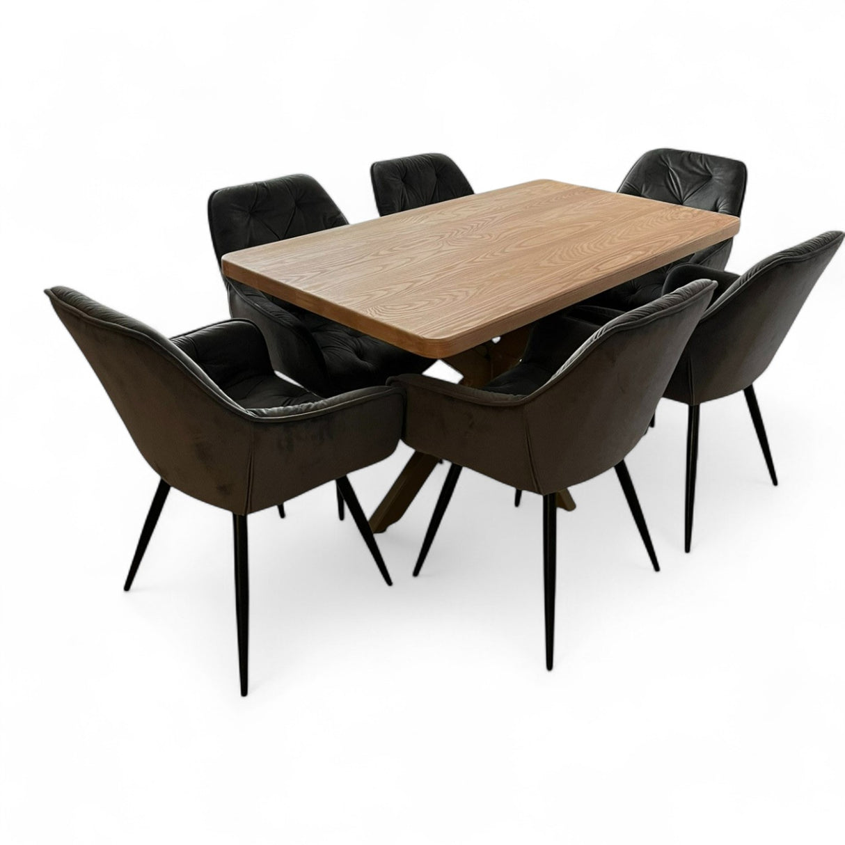 Set masa cu scaune bucatarie, dining, living, sufragerie, blat din lemn cu picioare metalice, scaune husa catifea gri, 4 persoane, Lavinia