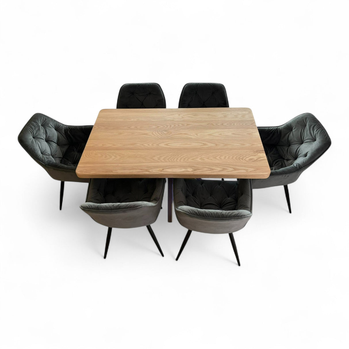 Set masa cu scaune bucatarie, dining, living, sufragerie, blat din lemn cu picioare metalice, scaune husa catifea gri, 4 persoane, Lavinia