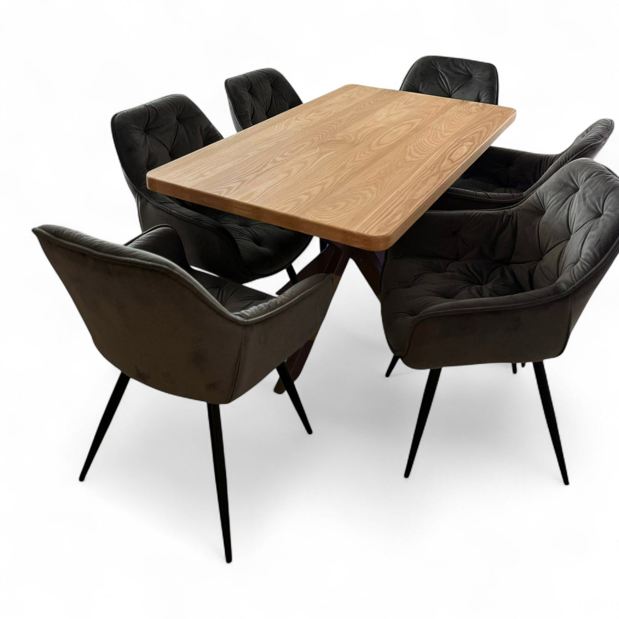 Set masa cu scaune bucatarie, dining, living, sufragerie, blat din lemn cu picioare metalice, scaune husa catifea gri, 4 persoane, Lavinia