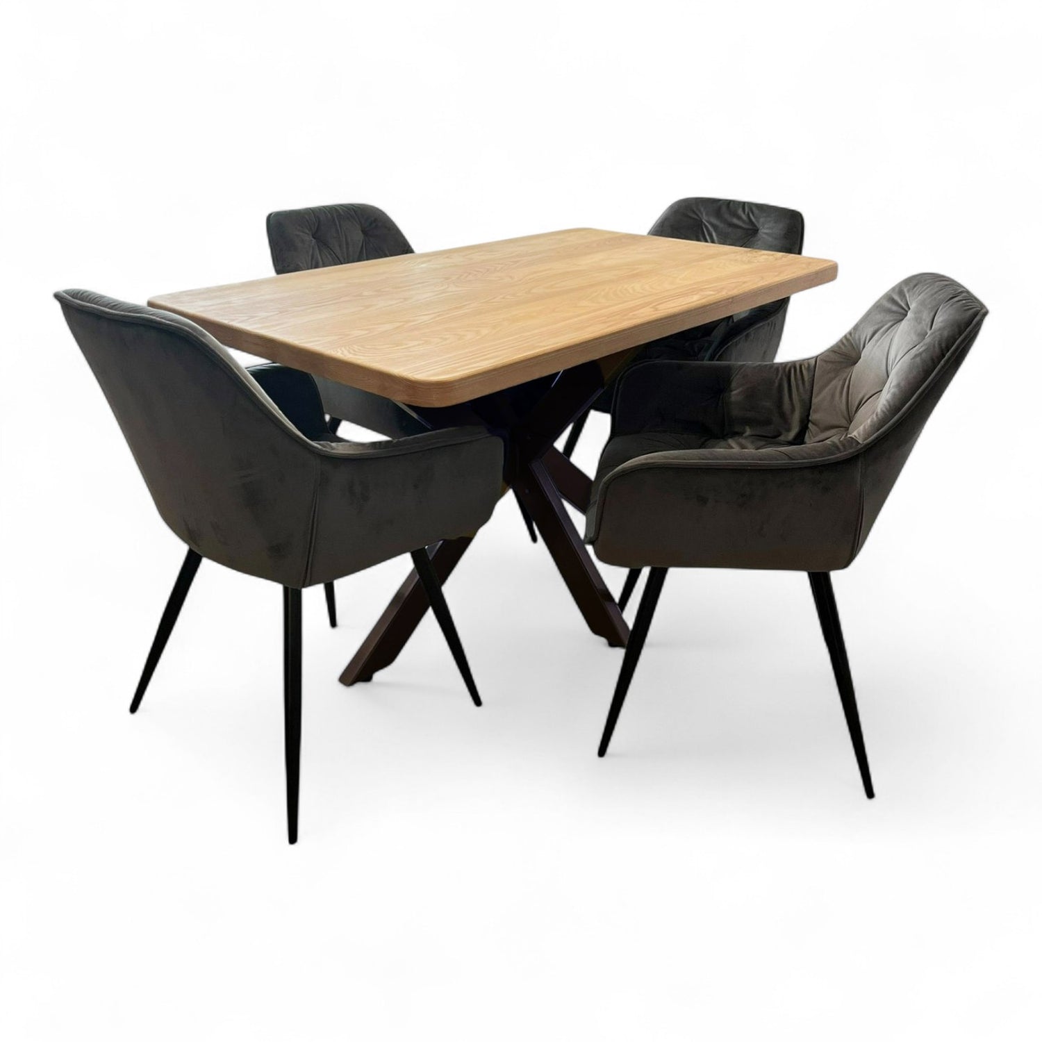 Set masa cu scaune bucatarie, dining,living, sufragerie, blat din lemn masiv cu picioare metalice, scaune husa gri, 4-6 persoane, Olivia