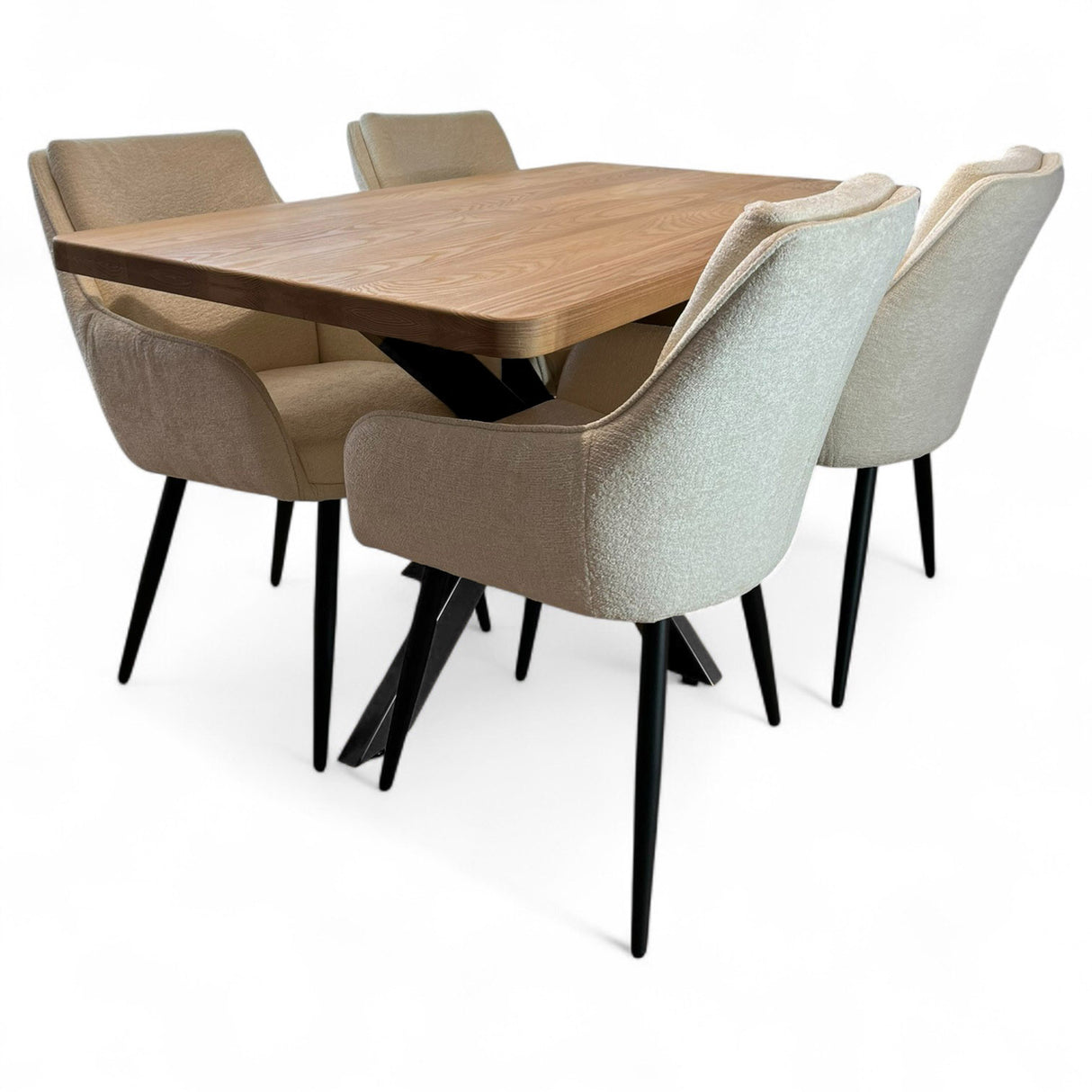 Set masa cu scaune bucatarie, dining, living, sufragerie, blat din lemn masiv frasin cu picioare metalice, scaune husa crem, 4 persoane, Diana