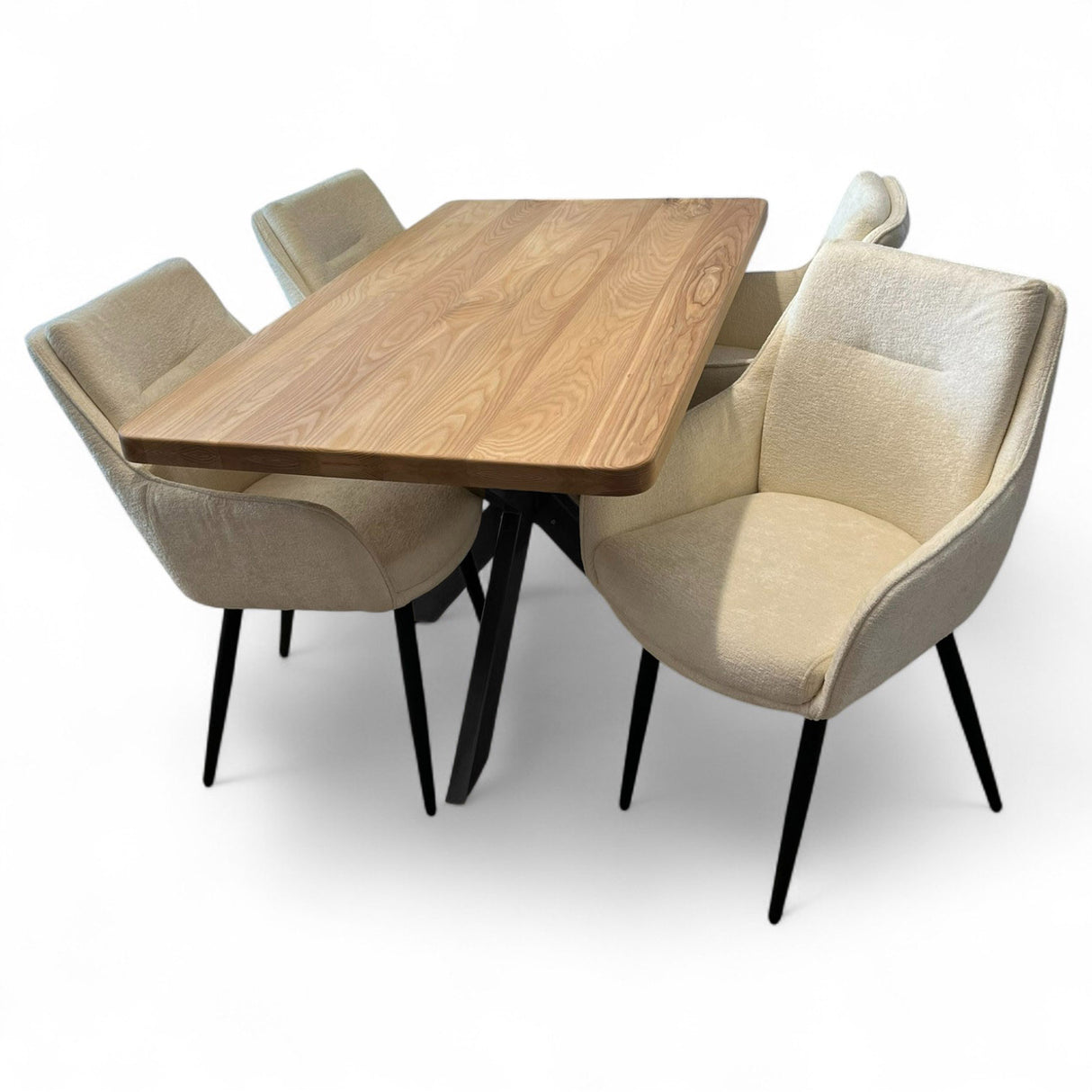Set masa cu scaune bucatarie, dining, living, sufragerie, blat din lemn masiv frasin cu picioare metalice, scaune husa crem, 4 persoane, Diana