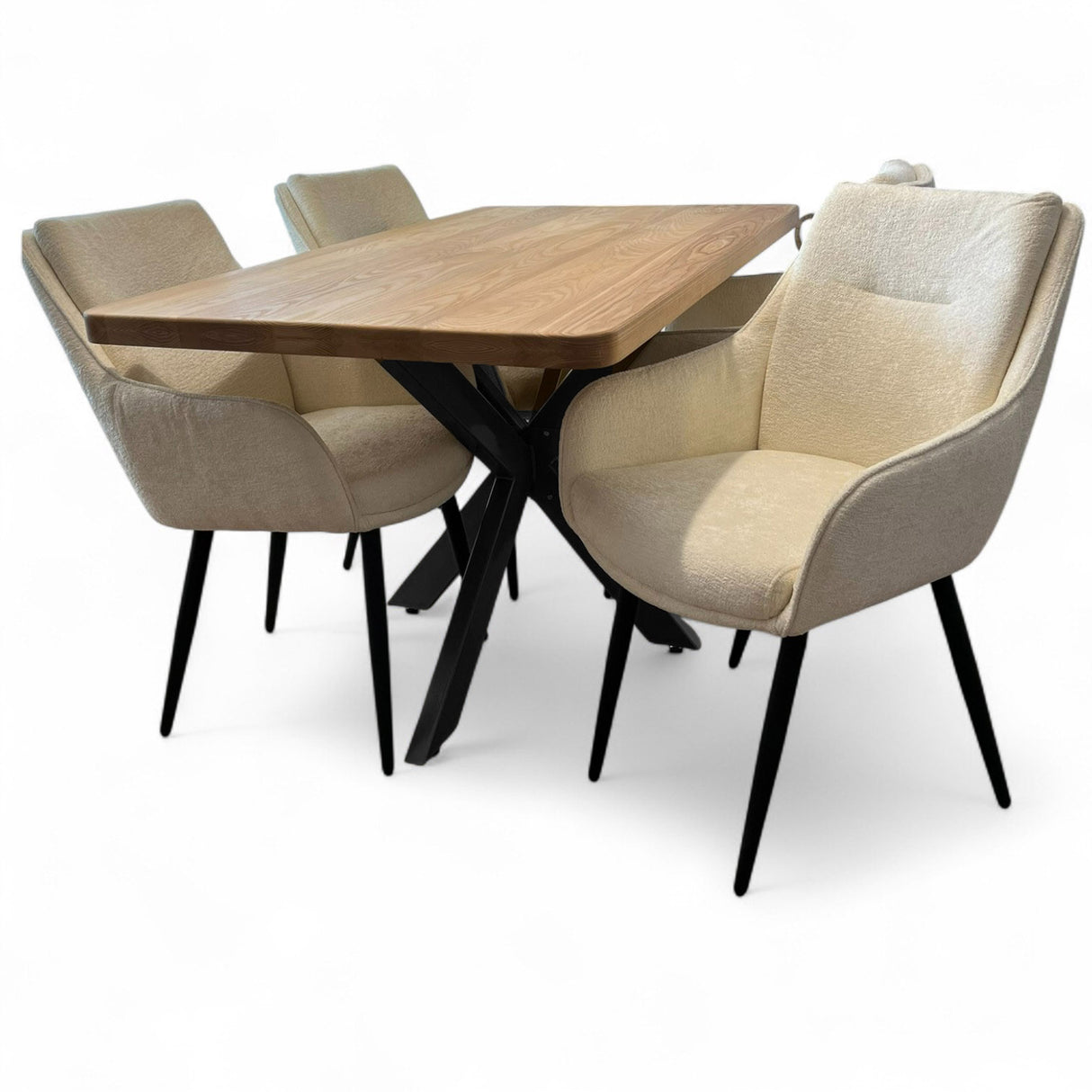 Set masa cu scaune bucatarie, dining, living, sufragerie, blat din lemn masiv frasin cu picioare metalice, scaune husa crem, 4 persoane, Diana