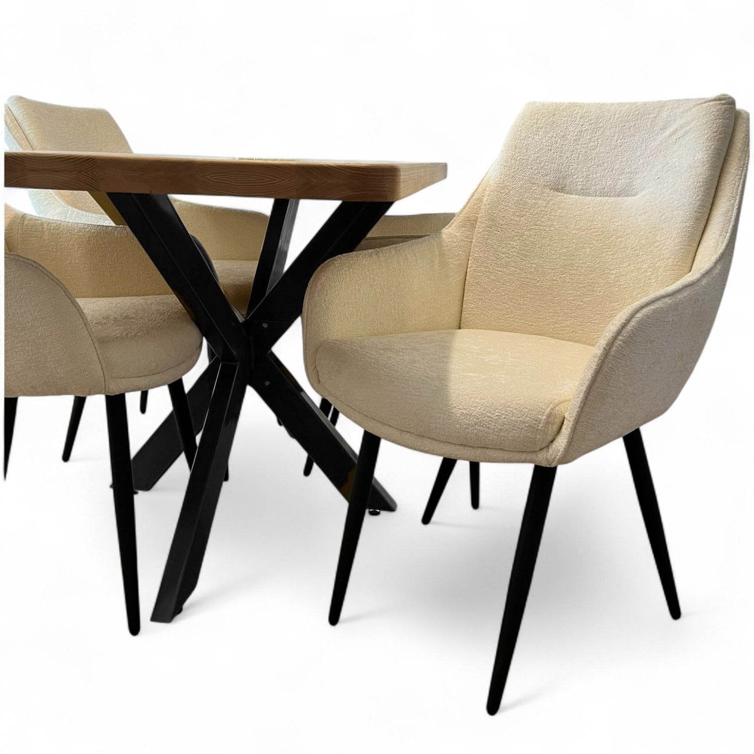 Set masa cu scaune bucatarie, dining, living, sufragerie, blat din lemn masiv frasin cu picioare metalice, scaune husa crem, 4 persoane, Diana