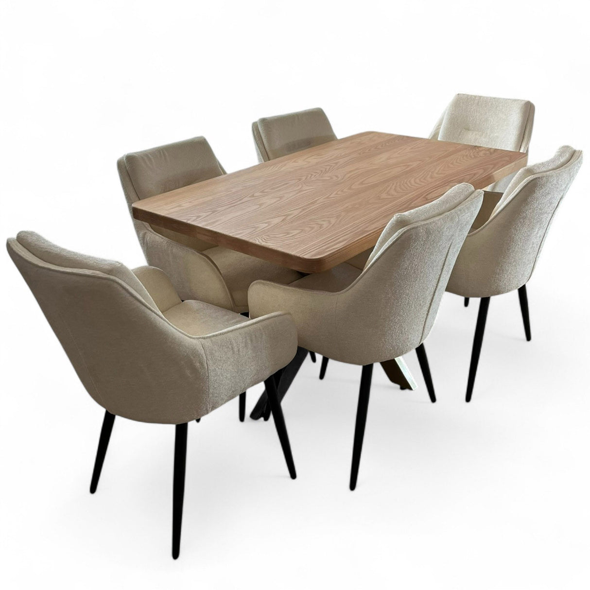 Set masa cu scaune bucatarie, dining, living, sufragerie, blat din lemn masiv cu picioare metalice, scaune husa plus crem, 6 persoane, Anisia