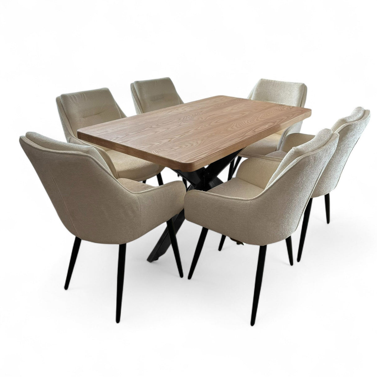 Set masa cu scaune bucatarie, dining, living, sufragerie, blat din lemn masiv cu picioare metalice, scaune husa plus crem, 6 persoane, Anisia