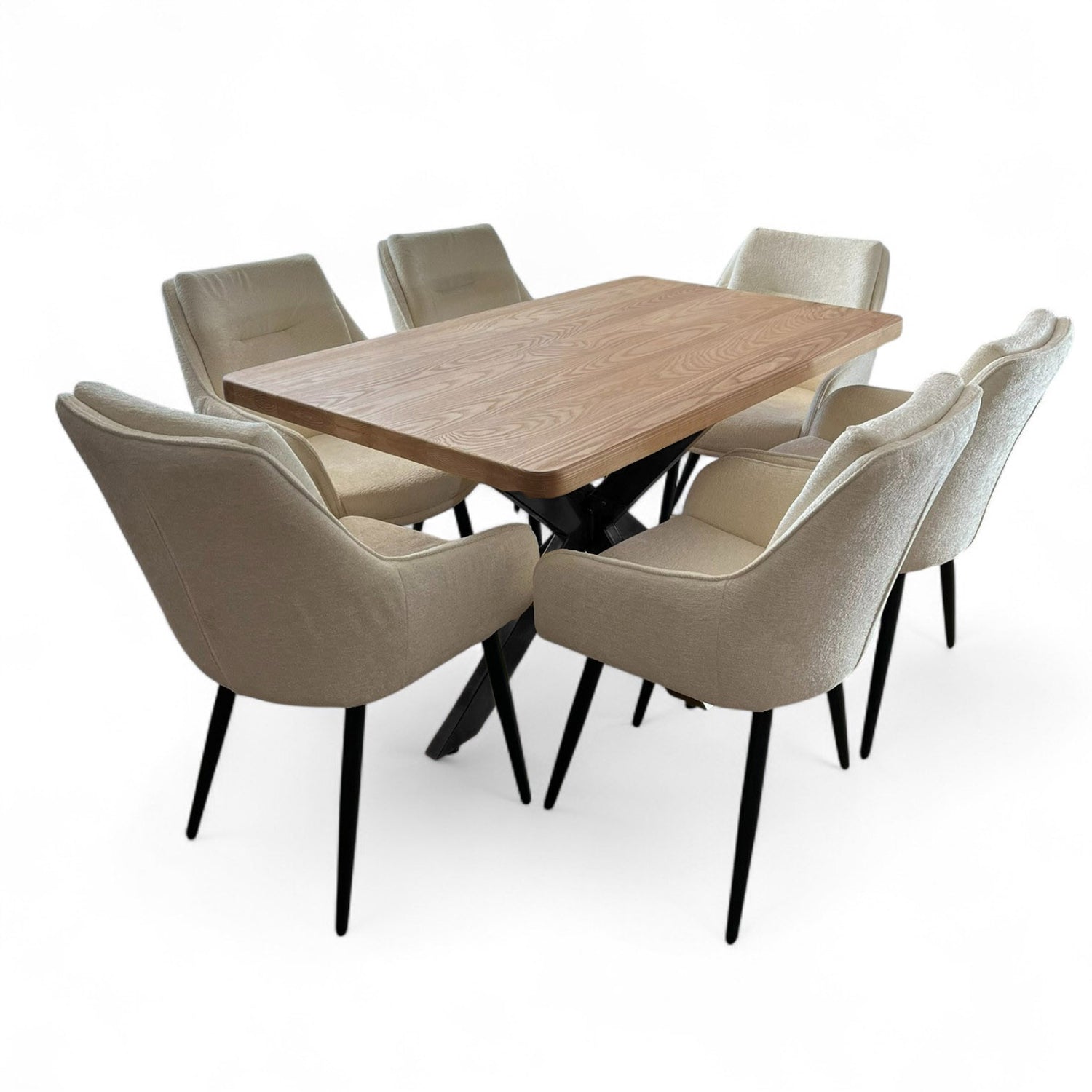 Set masa cu scaune bucatarie, dining, living, sufragerie, blat din lemn masiv cu picioare metalice, scaune husa plus crem, 6 persoane, Anisia