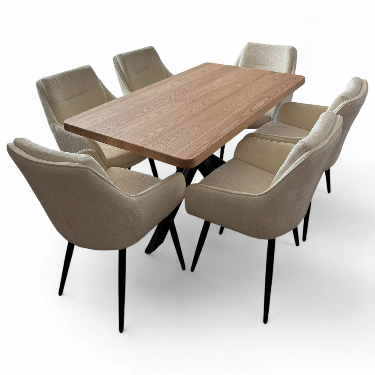 Set masa cu scaune bucatarie, dining, living, sufragerie, blat din lemn masiv cu picioare metalice, scaune husa plus crem, 6 persoane, Anisia