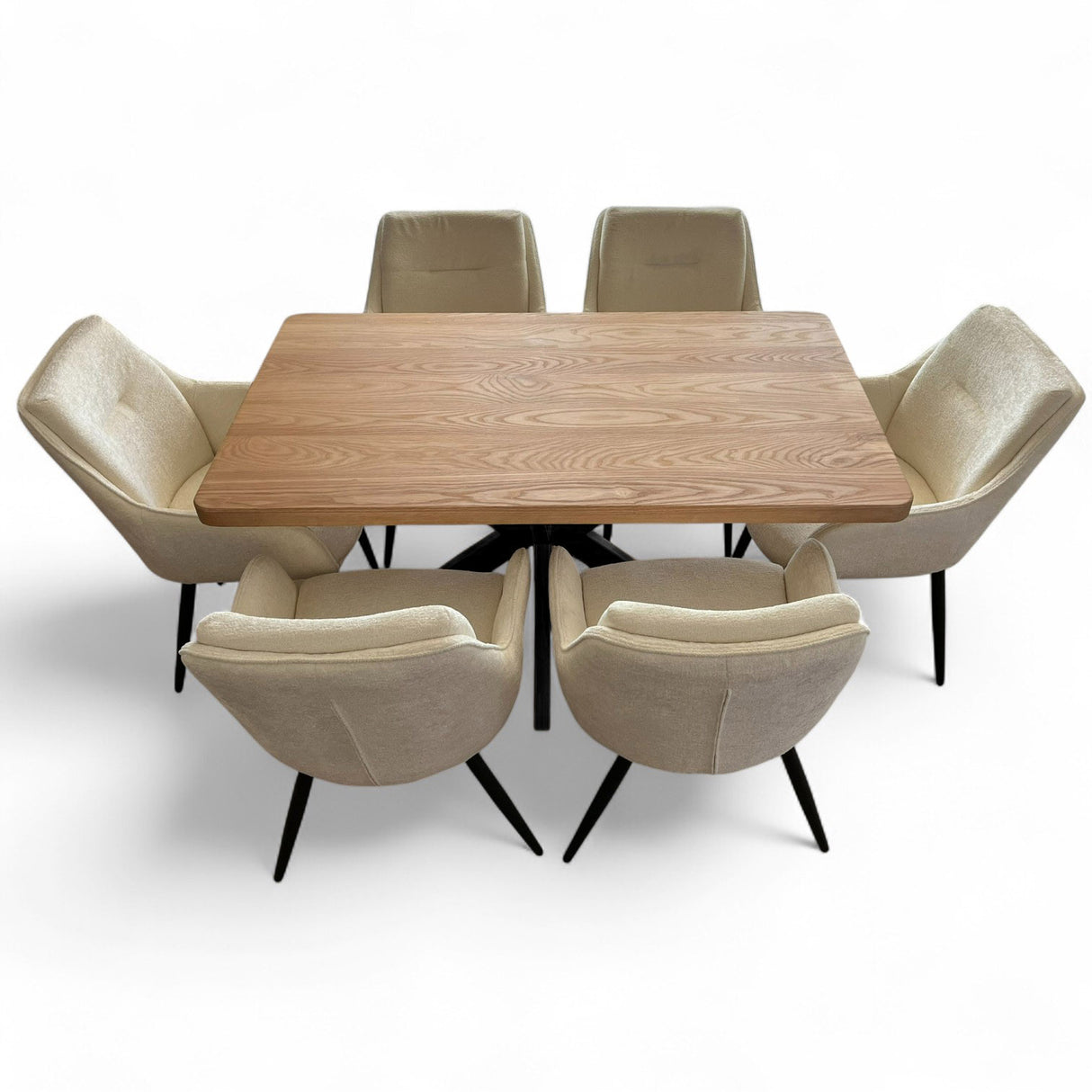 Set masa cu scaune bucatarie, dining, living, sufragerie, blat din lemn masiv cu picioare metalice, scaune husa plus crem, 6 persoane, Anisia
