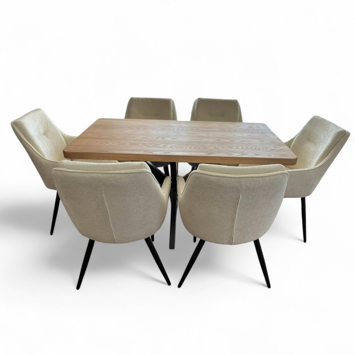 Set masa cu scaune bucatarie, dining, living, sufragerie, blat din lemn masiv cu picioare metalice, scaune husa plus crem, 6 persoane, Anisia