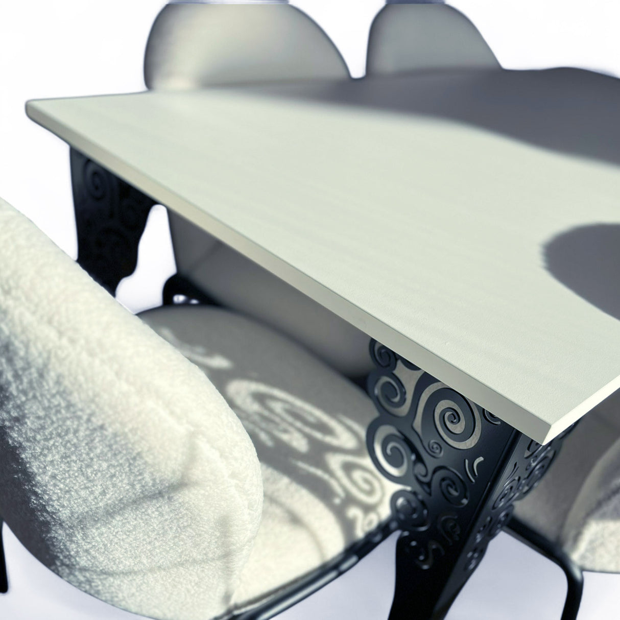 Set masa cu scaune bucatarie, dining, living, sufragerie, blat din pal cu picioare metalice negre, scaune husa plus alb, 6 persoane, Nicoleta