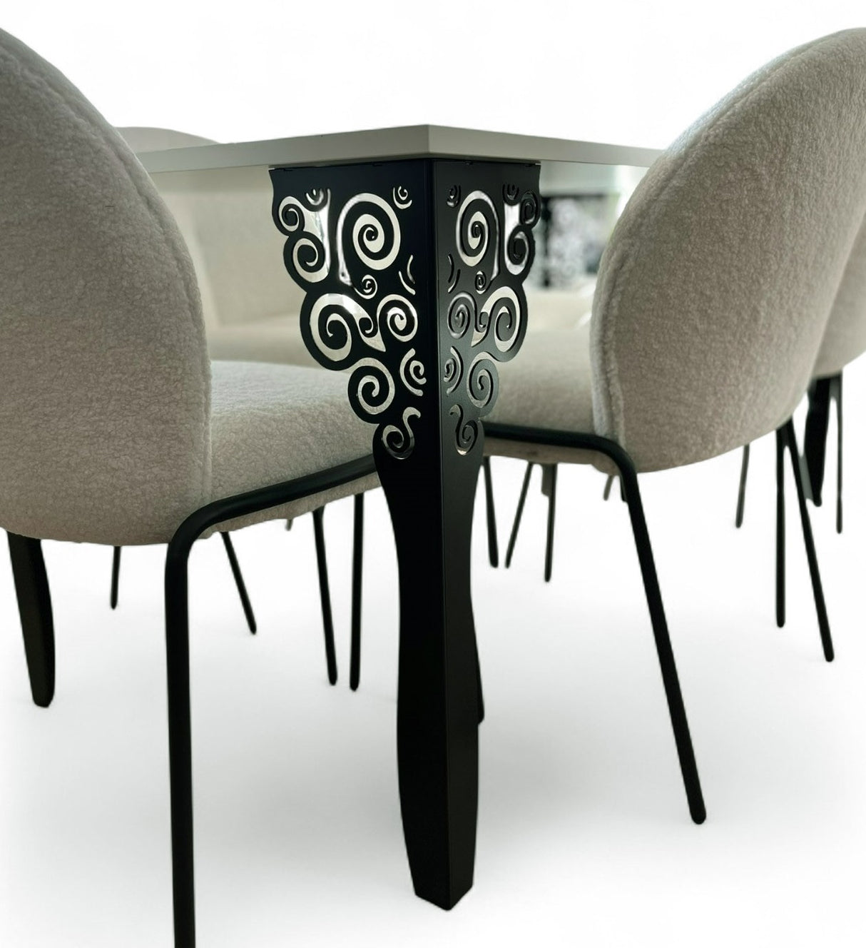 Set masa cu scaune bucatarie, dining, living, sufragerie, blat din pal cu picioare metalice negre, scaune husa plus alb, 6 persoane, Nicoleta