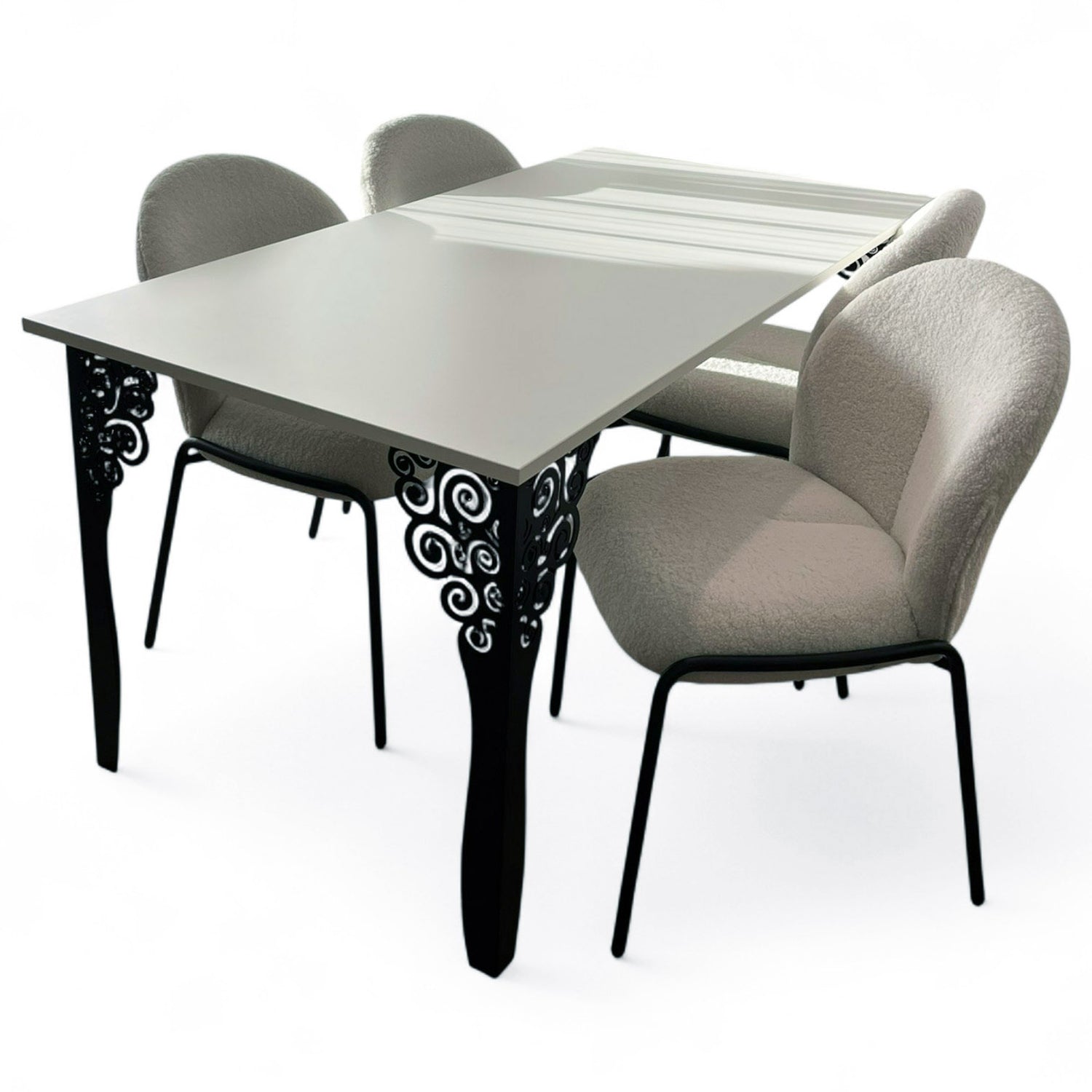 Set masa cu scaune bucatarie, dining, living, sufragerie, blat din pal alb cu picioare metalice, scaune husa plus alb, 4 persoane, Cristina