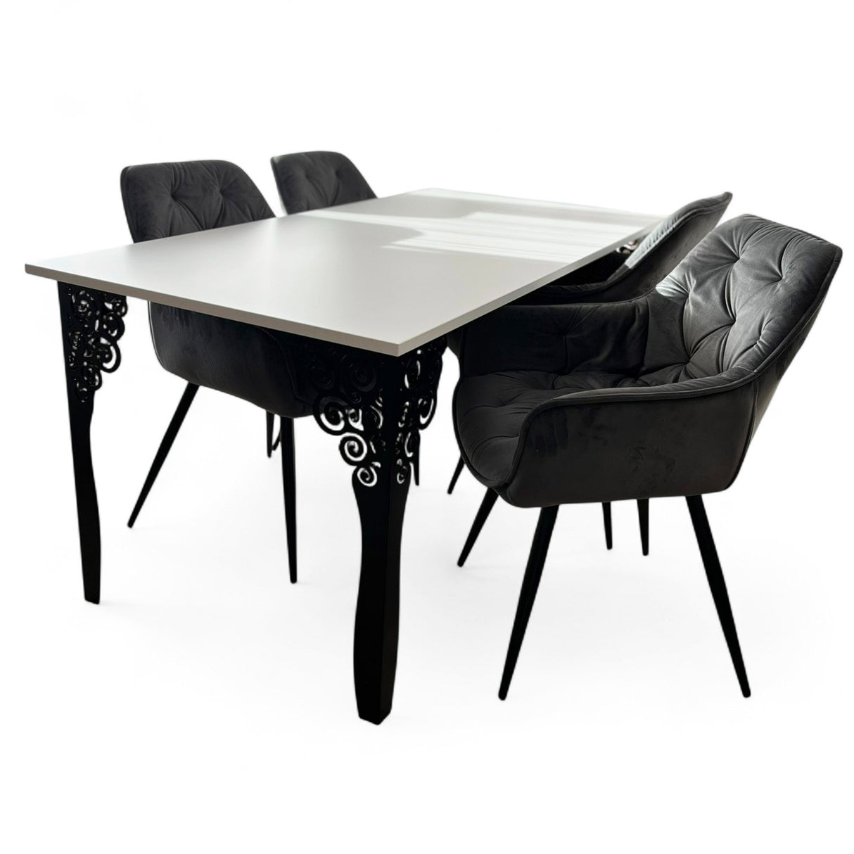 Set masa cu scaune bucatarie, dining, living, sufragerie, blat din pal cu picioare metalice, scaune husa catifea gri, 4 persoane, Antonia
