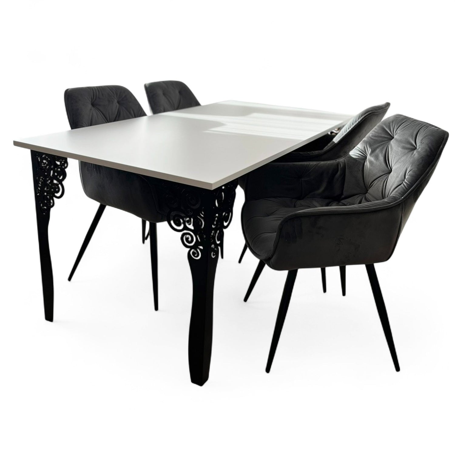 Set masa cu scaune bucatarie, dining, living, sufragerie, blat din pal cu picioare metalice, scaune husa catifea gri, 4 persoane, Antonia